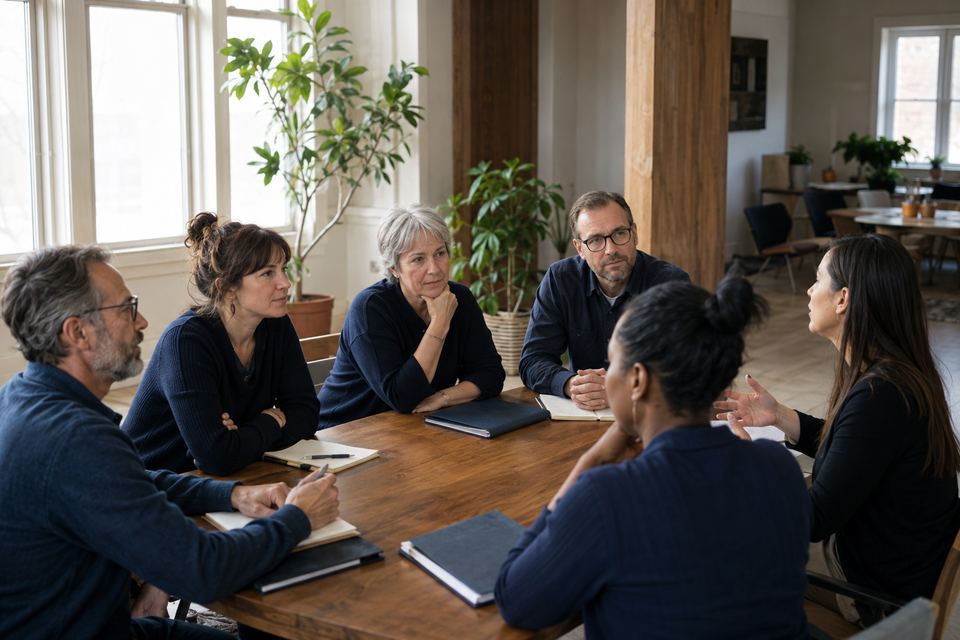 Six personnes autour d'une table de bois, dans une salle communautaire claire, écoutent une animatrice assise à leur niveau.