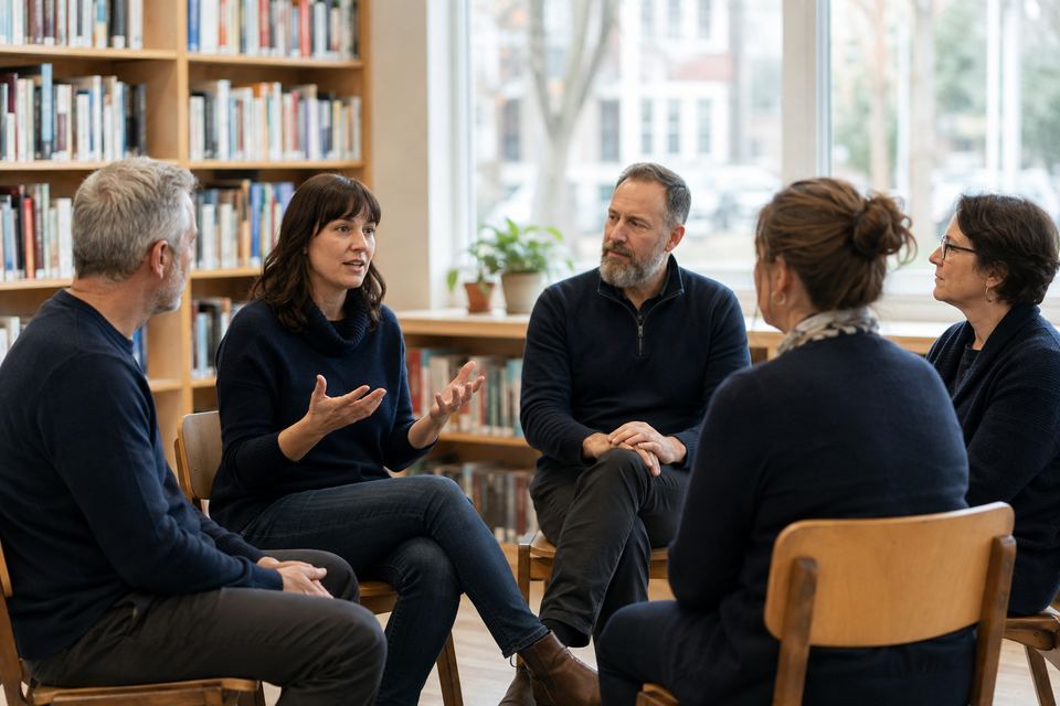 Cercle de discussion dans une bibliothèque de quartier : cinq personnes écoutent une femme qui prend la parole, tout le monde assis au même niveau.