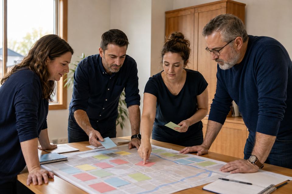 Quatre coordonnateurs disposent des fiches de couleur et une carte de quartier sur une grande table, pour organiser la semaine.